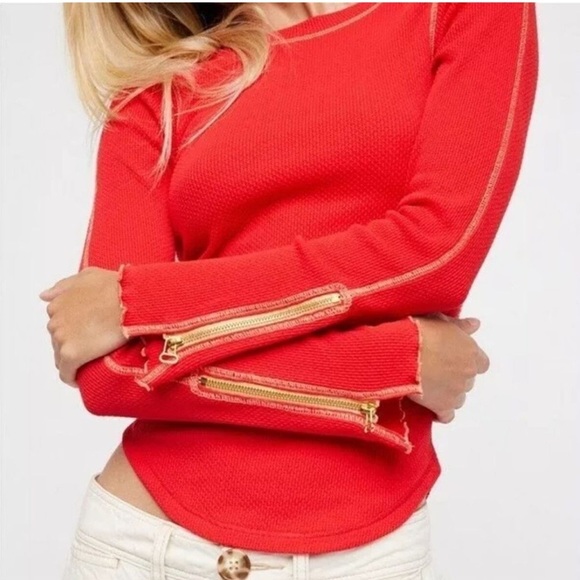 Free People Tops - Y2K Free People Red Zip Up Cuff Long Sleeve Crew Neck Waffle Knit Thermal Top XS